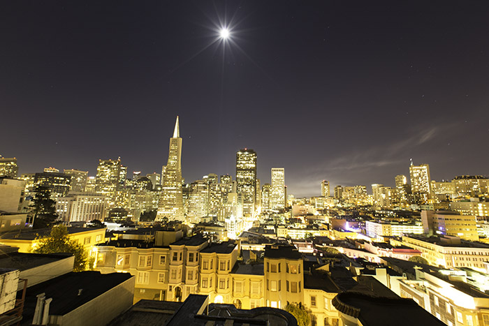 Picture of San Francisco at night with a wide angle lens and no perspective cropping
