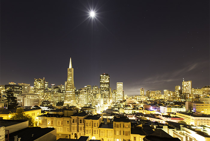 Picture of San Francisco at night after being corrected for perspective with the Photoshop CS6 Perspective crop tool