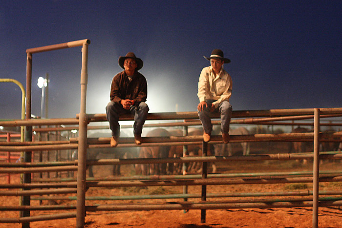 Rodeo cowboys on a fence